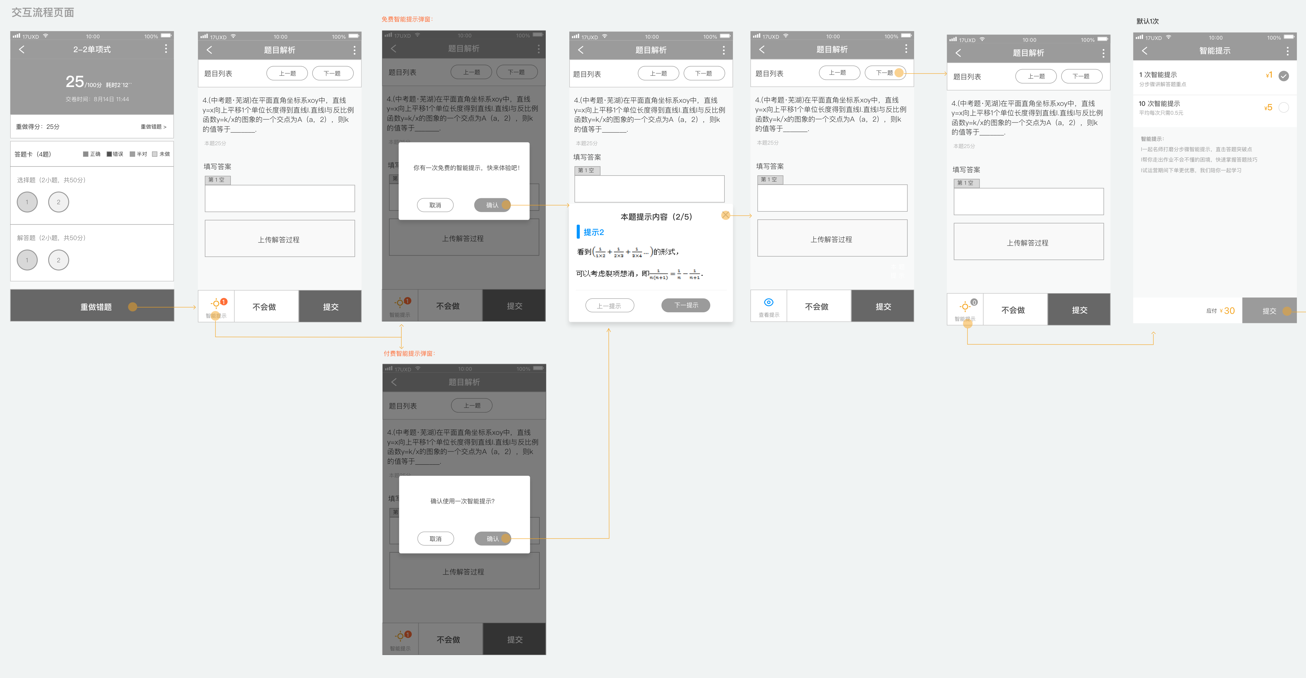 Smart Hint interaction flow: free first-time modal → step-by-step hint display → paid confirmation modal → button state change after viewing.