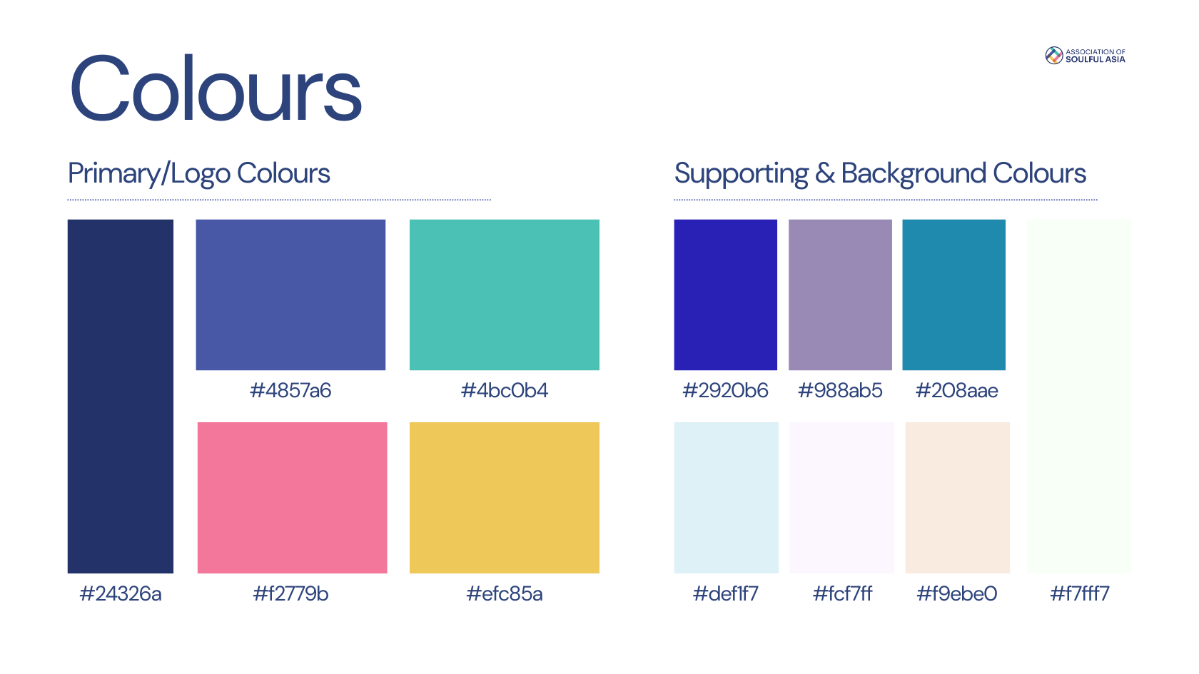 ASA colour system showing primary and supporting palettes with hex values
