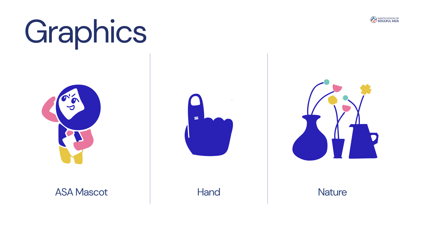 ASA graphic elements: mascot, hand gesture, and nature illustrations