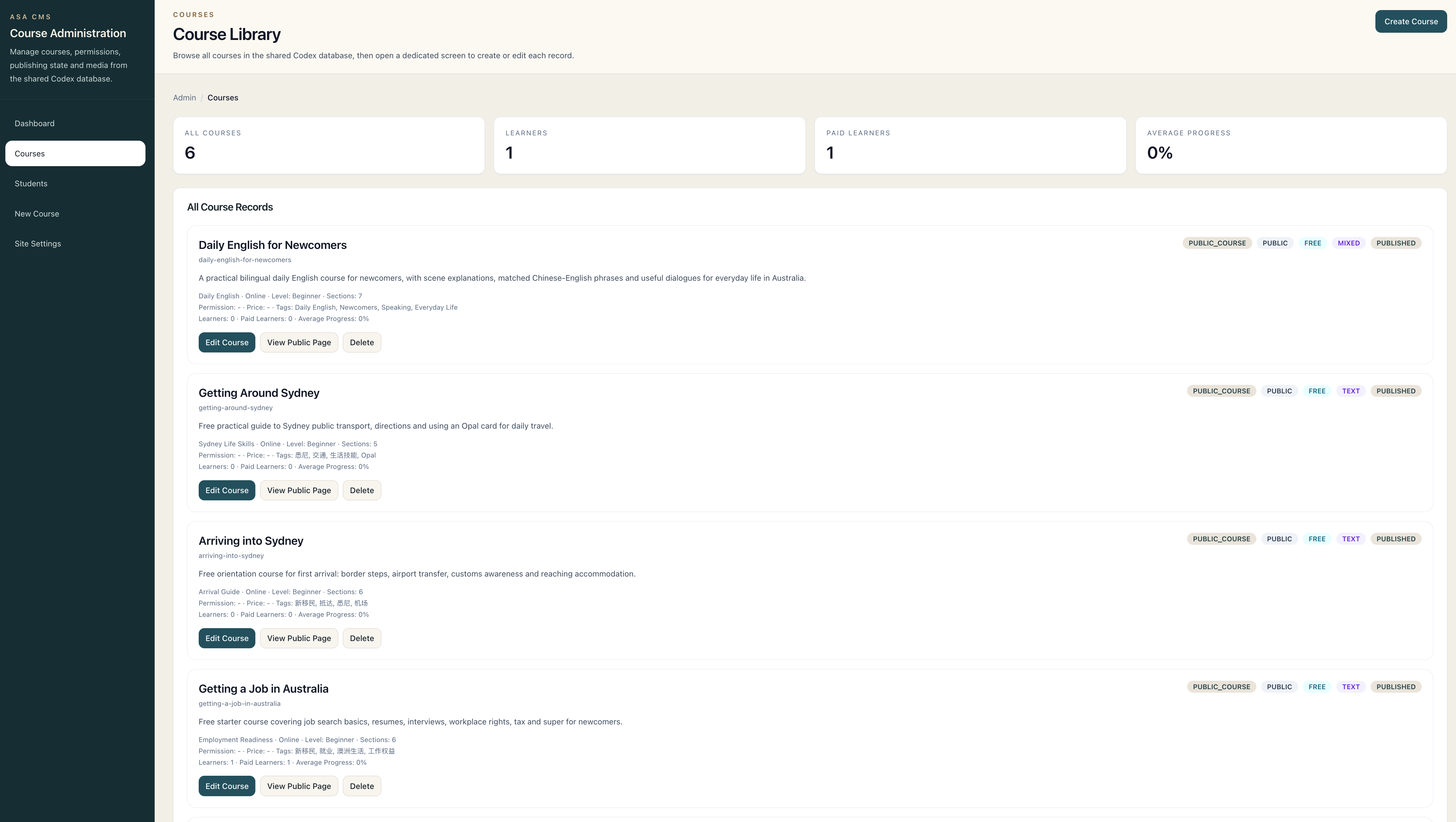 Soulful Asia course administration screenshot